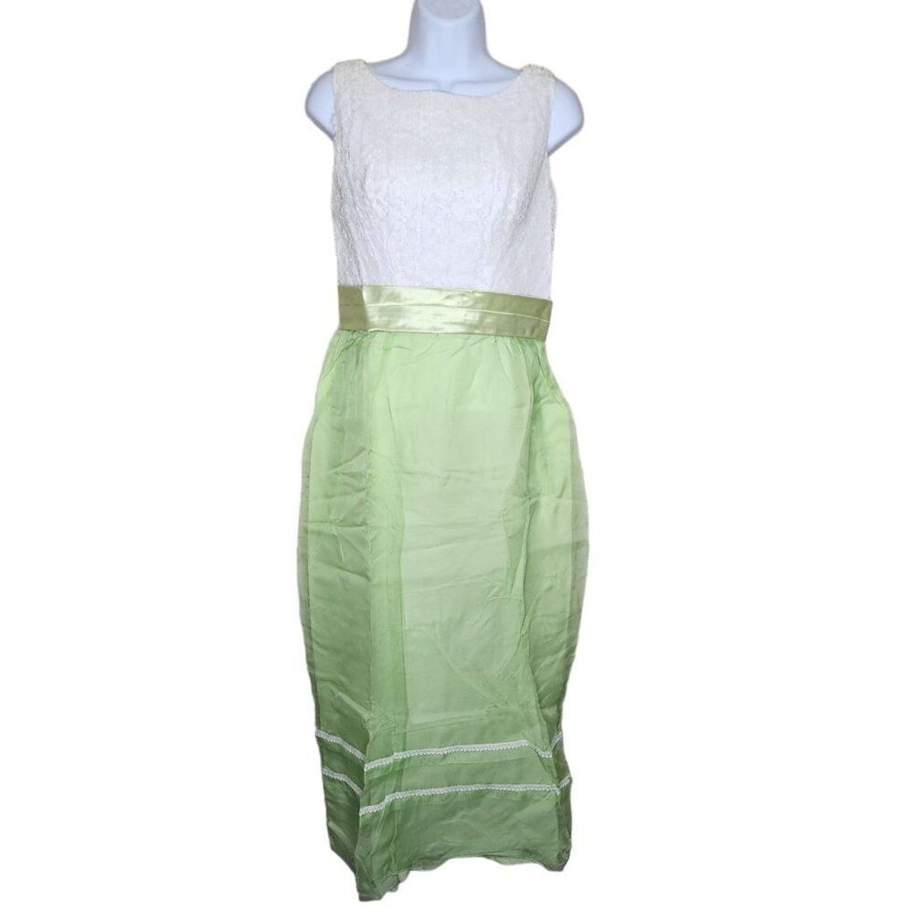 Vintage 60s Sleeveless Lace Top Empire Waist Maxi Dress Womens S Green Mod